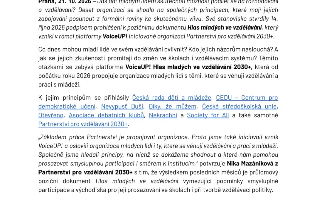 Dát mladým slovo nestačí. Deset organizací spojilo síly za větší vliv mladé generace na vzdělávání