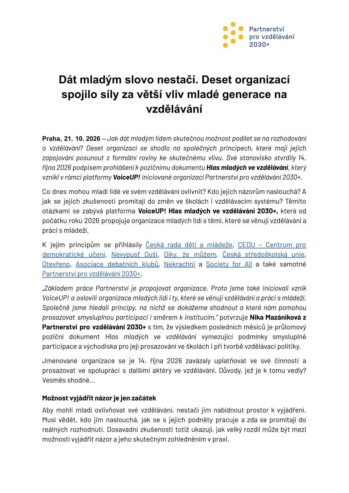 Dát mladým slovo nestačí. Deset organizací spojilo síly za větší vliv mladé generace na vzdělávání
