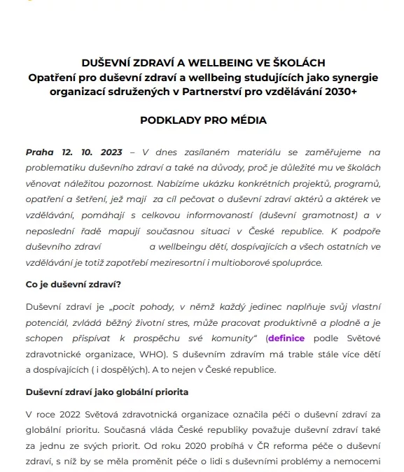 Opatření pro duševní zdraví a wellbeing studujících jako synergie organizací sdružených v Partnerství pro vzdělávání 2030+