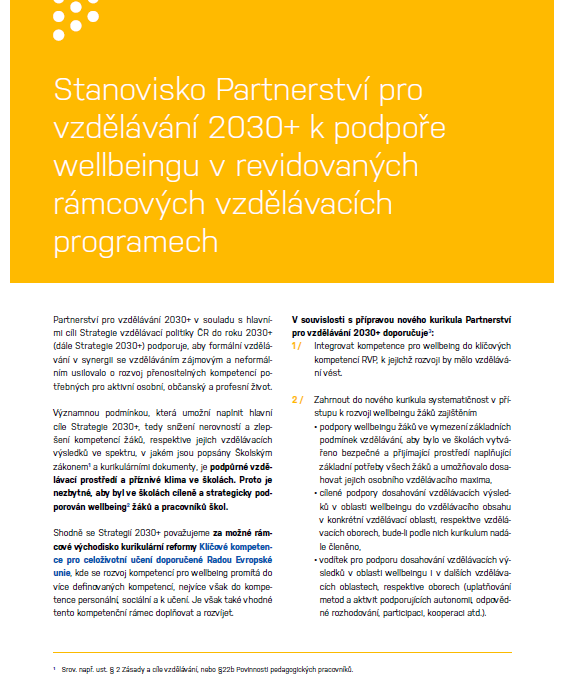 Stanovisko Partnerství 2030+ k podpoře wellbeingu v revidovaných RVP