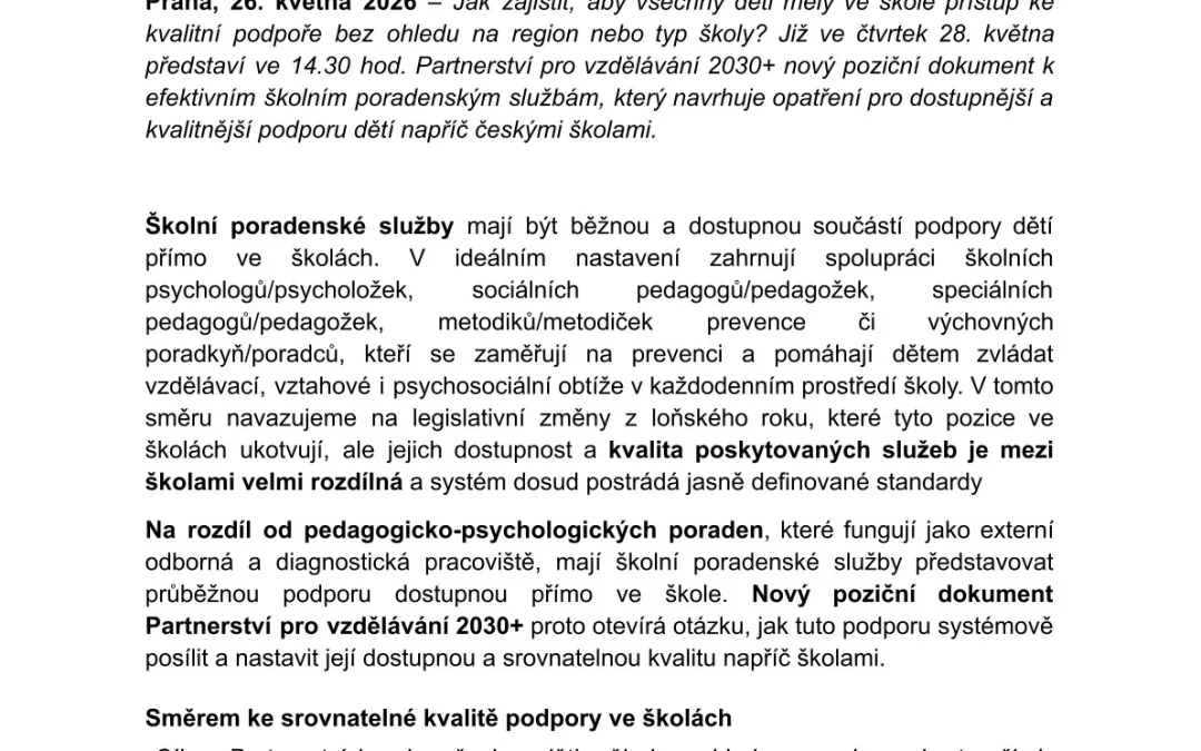 Partnerství pro vzdělávání 2030+ představí poziční dokument k efektivním školním poradenským službám