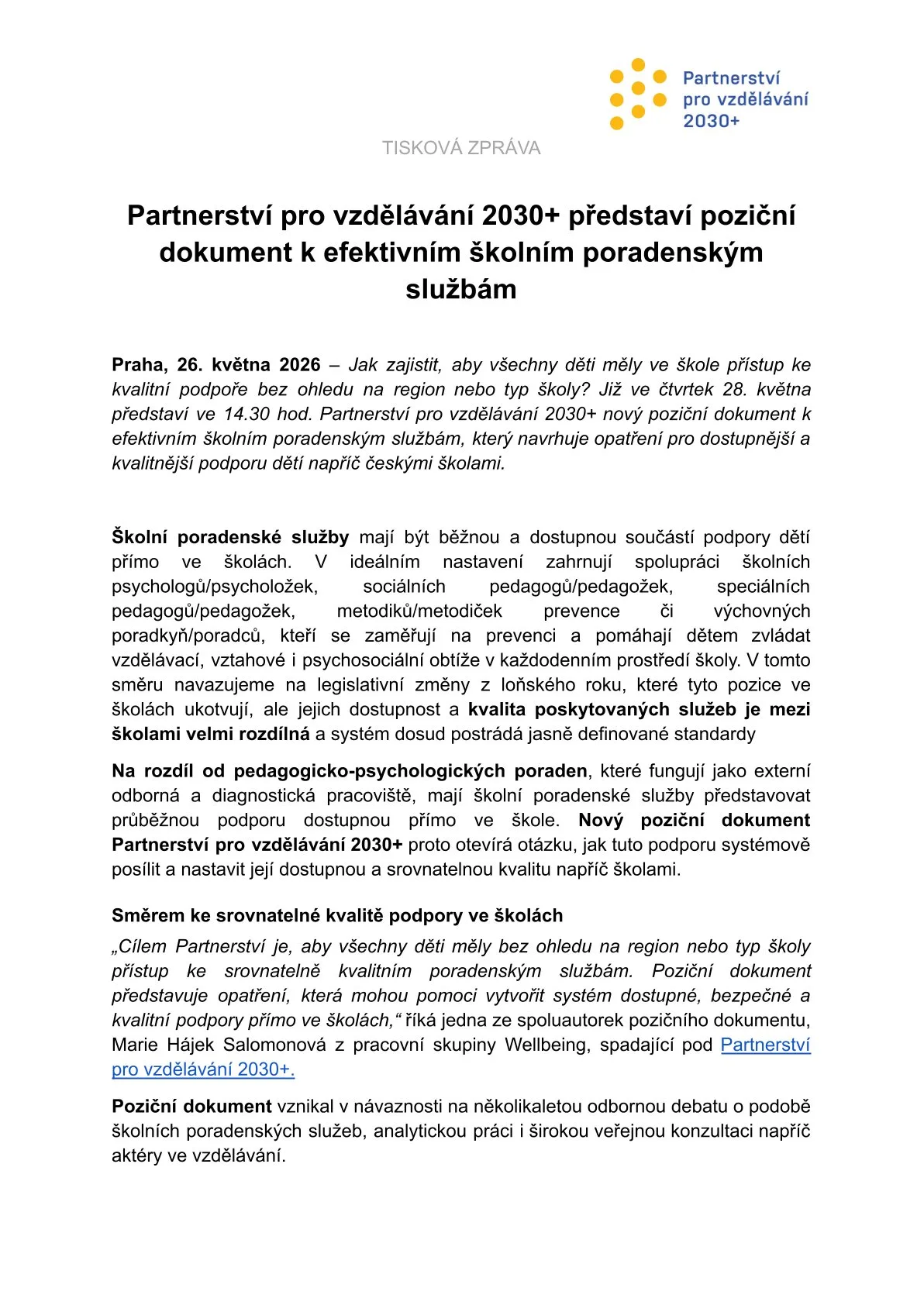 Partnerství pro vzdělávání 2030+ představí poziční dokument k efektivním školním poradenským službám