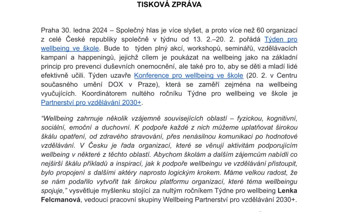 Tisková zpráva: Týden pro wellbeing ve škole  poukáže na důležitost wellbeingu pro duševní zdraví i učení dětí a mladých lidí. Zapojí se více než 60 organizací