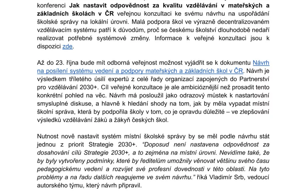 Tisková zpráva – Jak zlepšit kvalitu výuky na školách? Cestou je  efektivnější správa škol