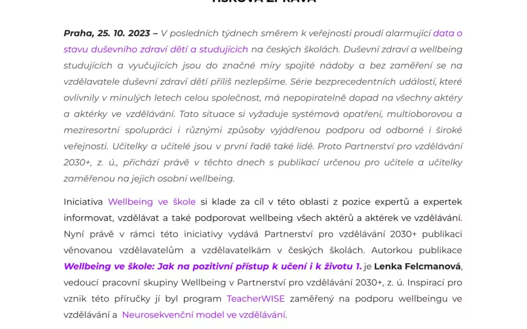 Tisková zpráva – Wellbeing ve škole: Jak na pozitivní přístup k učení i k životu 1.